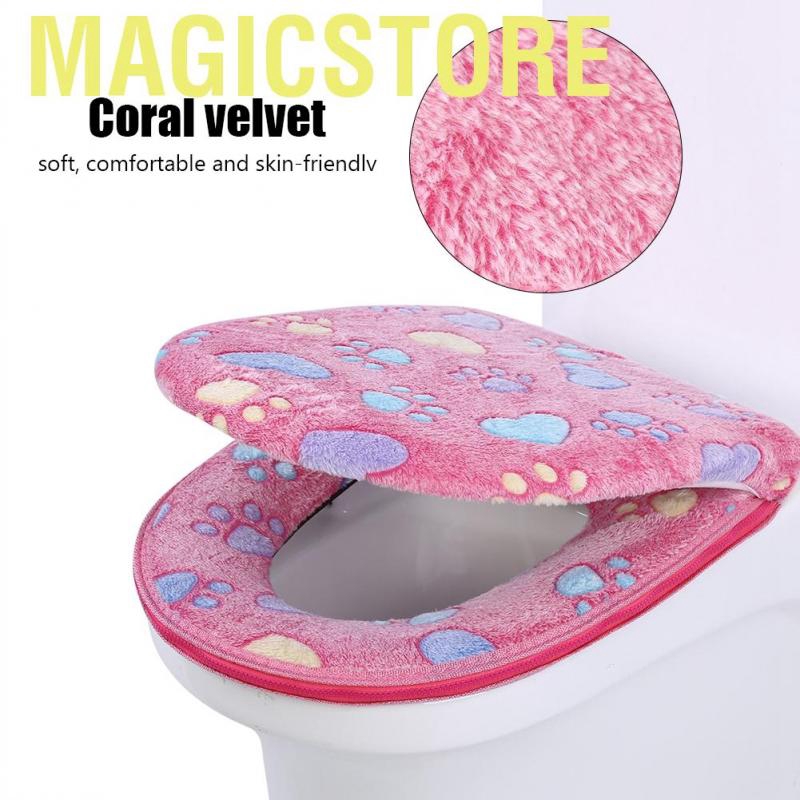 Magicstore 2pcs/set Soft Coral Velvet Toilet Seat Lid Cover Set Winter Warm Pad Home Bathroom Decor (Pink)