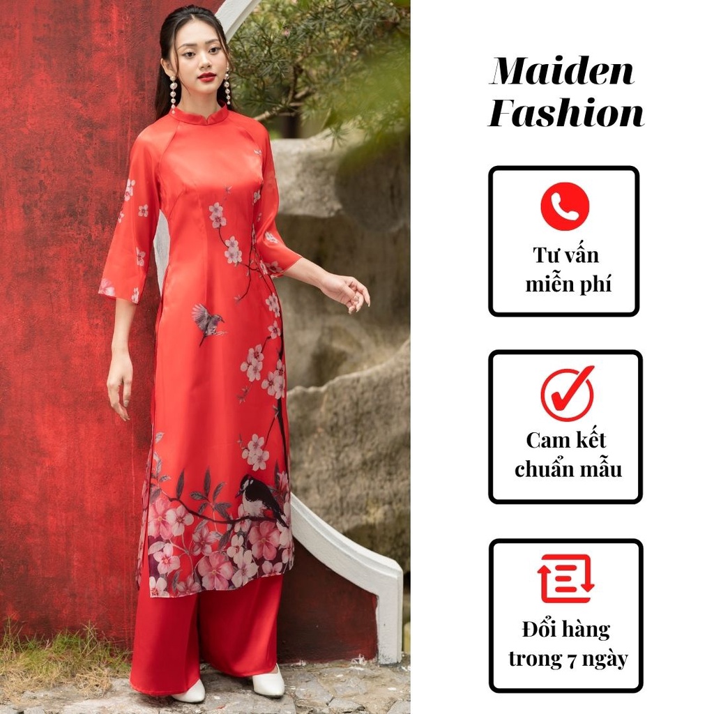 Áo dài cách tân voan tơ họa tiết hoa đào Tết sang trọng thanh lịch trẻ trung - MAIDEN
