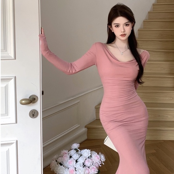 Đầm Đuôi Cá Tay Dài Cổ Đứng Dáng Ôm Co Giãn Thời Trang Hàn Quốc Quyến Rũ Cho Nữ