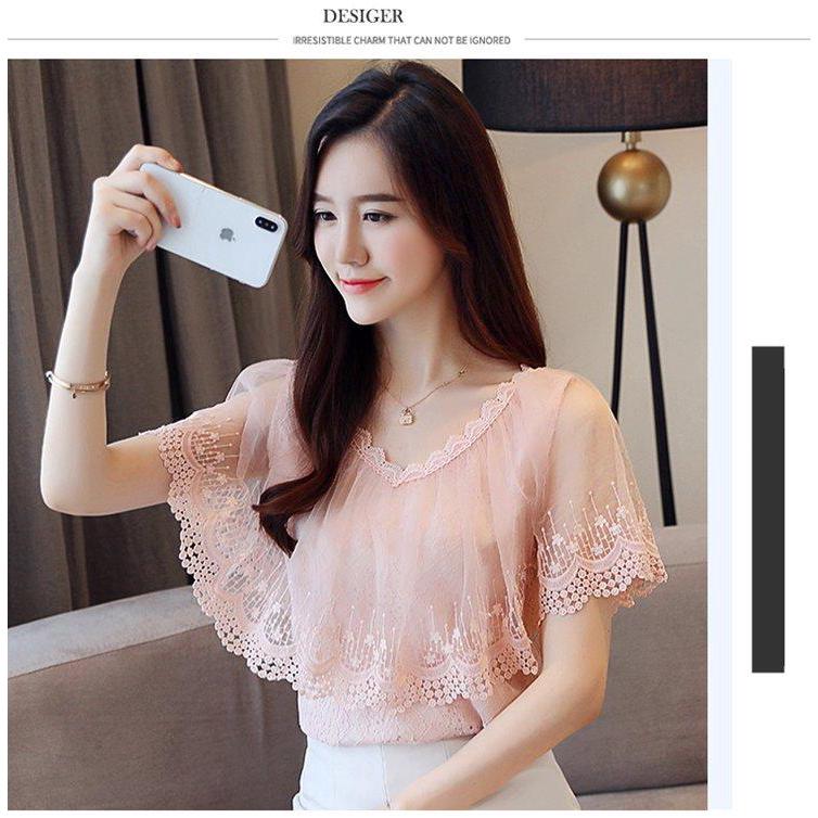Áo kiểu chiffon phối ren hoa cổ V nữ tính