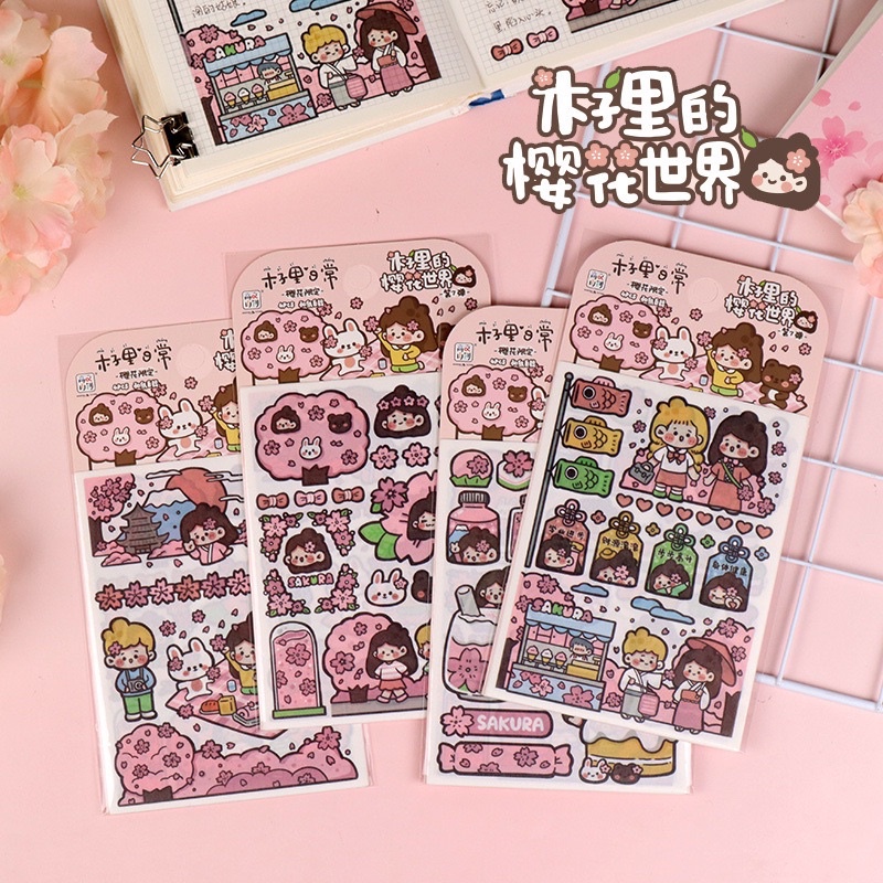 Set 4 Tấm Sticker Dạng Washi Tự Cắt Hình Cô Gái Và Gấu Dễ Thương Trang Trí Bullet Journal