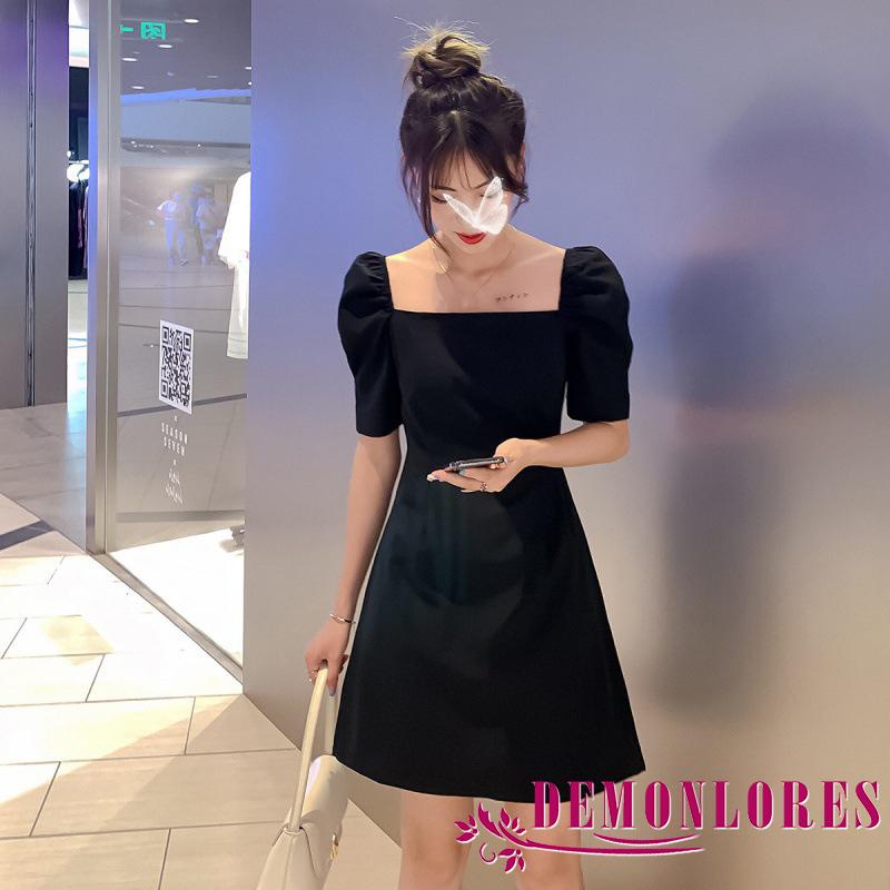 Đầm đen một mảnh cổ vuông tay phồng màu trơn thời trang mùa hè cho nữ