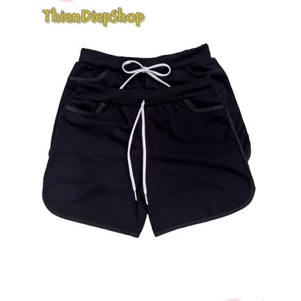 Quần đùi nữ viền sọc mặc nhà màu đen, quần dây rút vãi thun cotton 4 chiều co giãn thoáng và thấm hút mồ hôi, mặc nhà | BigBuy360 - bigbuy360.vn