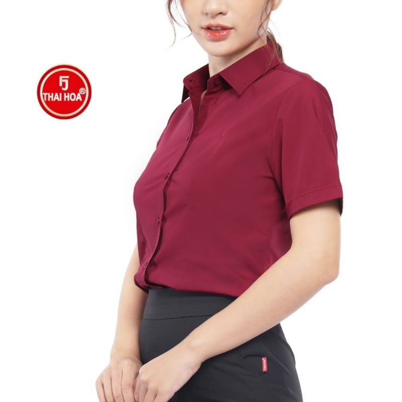 CHÍNH HÃNG THÁI HOÀ Áo sơ mi nữ màu đỏ đô vải mềm thoáng mát 2869 047