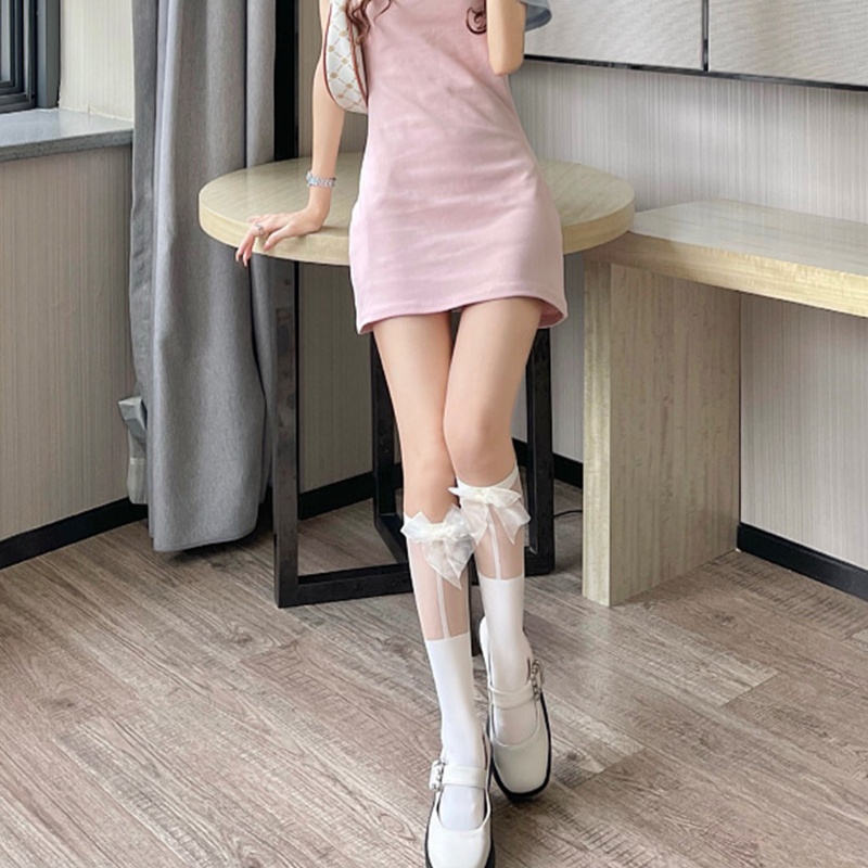 Vớ Lưới Cao Qua Gối Phối Ruy Băng Họa Tiết Kẻ Sọc Ngọt Ngào Phong Cách Lolita Nhật Bản Cho Nữ
