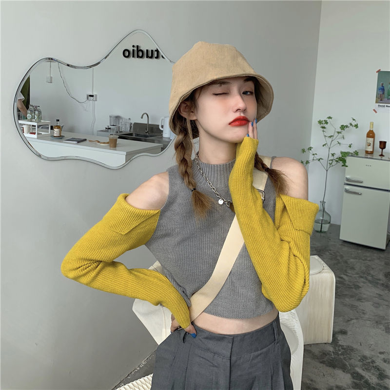 Áo Croptop Dệt Kim Tay Dài Trễ Vai Màu Tương Phản Phong Cách Hàn Quốc