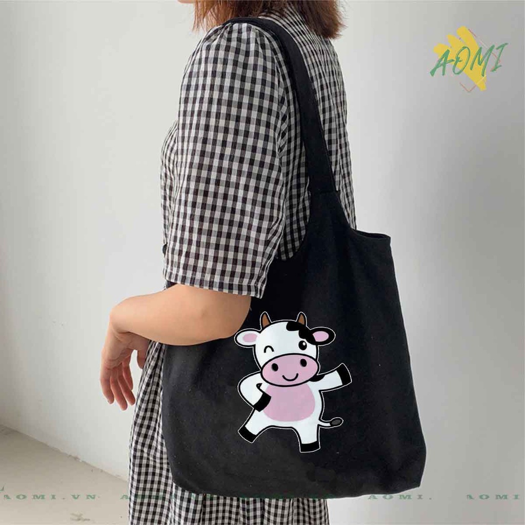 TOTE CANVAS bò sữa milk FORM TRÒN TÚI VẢI ĐEO VAI BAG NÚT BẤM SIZE LỚN AOMIVN DU LỊCH DẠO PHỐ CÁ TÍNH