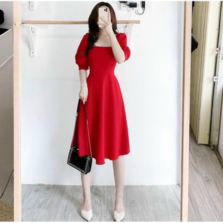 Đầm váy đỏ cổ vuông tay lỡ (kèm hình thật)
