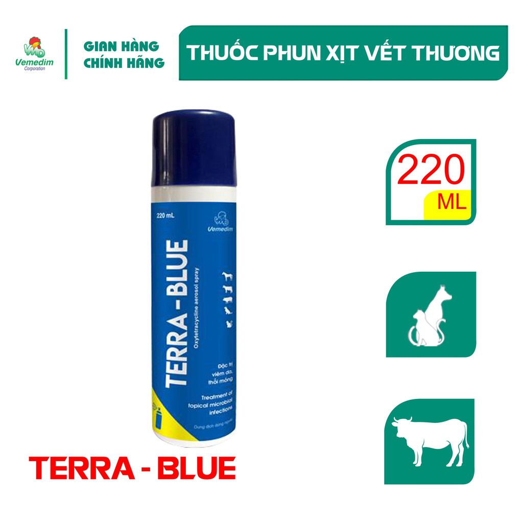 Vemedim Terra Blue thuốc phun xịt khi vật nuôi bị viêm da, nhiễm trùng vết thương, chai 220ml