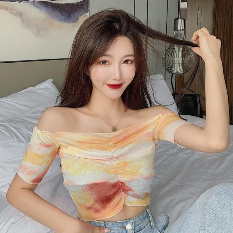 Áo Thun Tay Ngắn Trễ Vai Nhuộm Màu Dáng Ôm Phong Cách Hàn Quốc Quyến Rũ