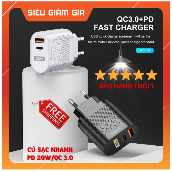 Củ sạc nhanh PD 20W/QC3.0  cổng kép USB-A + Type-c