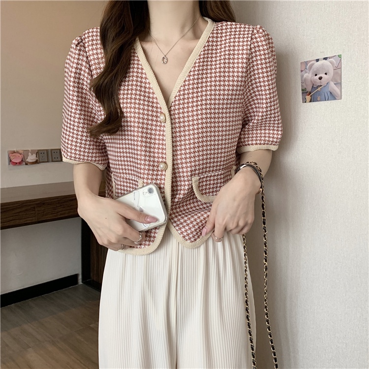 Áo Dệt Kim Nữ Màu Hồng, Ghi Cổ V Tay Ngắn Dáng Rộng Có Túi Nắp Họa Tiết ZicZac Caro Thời Trang Phong Cách Hàn Quốc