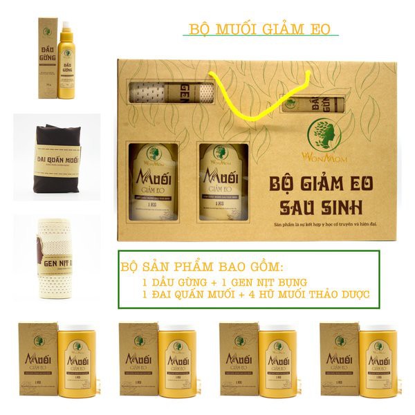 Bộ giảm eo sau sinh Wonmom hỗ trợ Mẹ (gồm 4 muối-1dầu gừng-1đai vải-1 nịt)