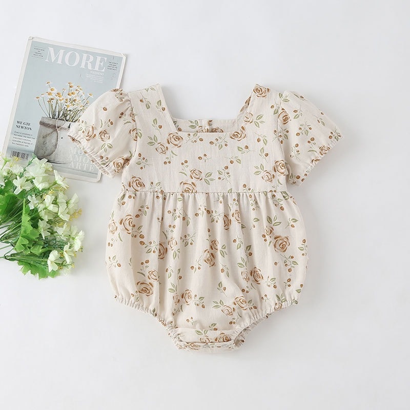 Bộ Áo Liền Quần Tay Phồng Chất Liệu Cotton Đính Nơ In Hoa Thời Trang Mùa Hè Cho Bé Gái Sơ Sinh