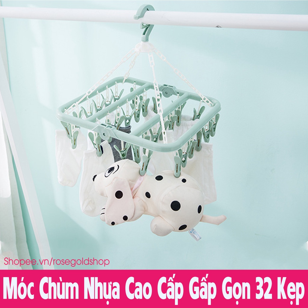 Móc Chùm Nhựa Cao Cấp Gấp Gọn 32 Kẹp Phơi Quần Áo, Khăn Tất, Thú Bông (Hàng Có Sẵn)