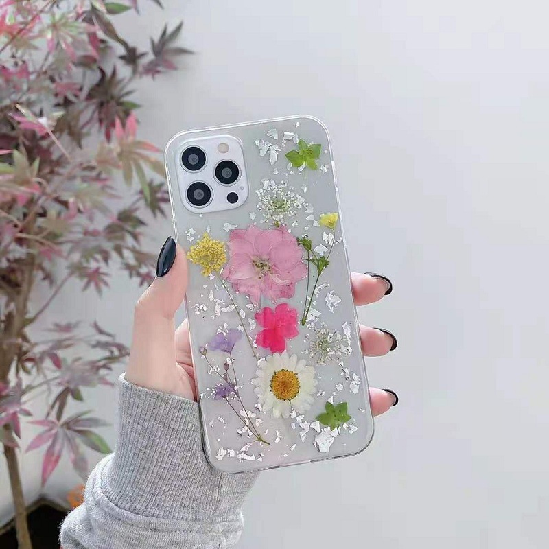 Real Dried Flowers Silver Foil Case For iPhone 12 11 Pro Max SE2020 XR XSMAX X 7 8 Plus Transparent Cover