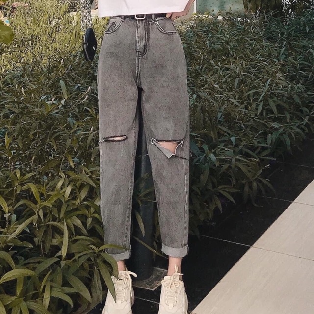 Quần baggy jean rách gối bằng xám khói hàng fullsize - SIÊU HOT