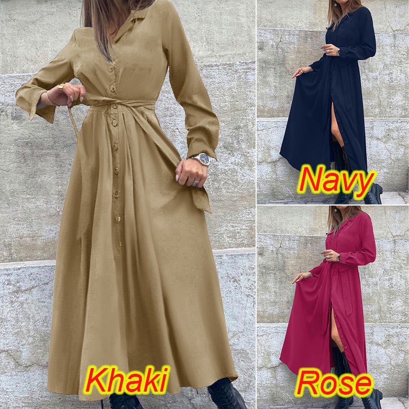 Đầm ZANZEA cổ áo gập xuống tay dài có dây thắt lưng và nút cài thời trang cho nữ