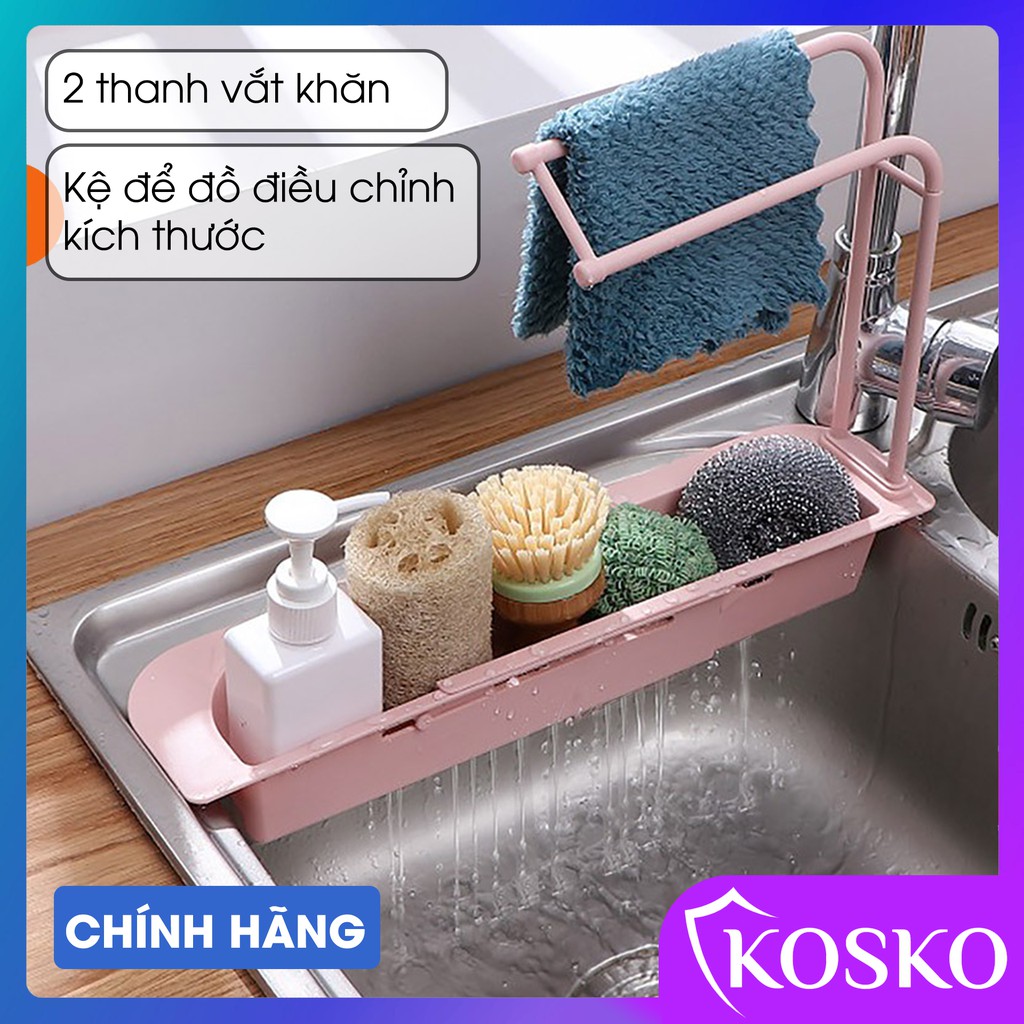Kệ nhà bếp Kosko kệ bồn rửa chén thông minh có thanh vắt khăn, kệ để đồ điều chỉnh kích thước phù hợp mọi loại chậu rửa