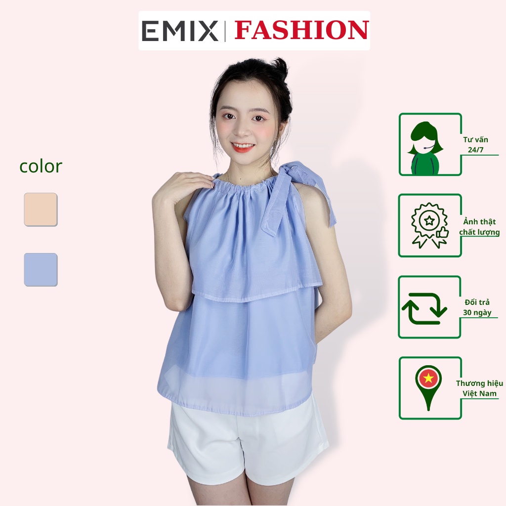 Áo tơ yếm cổ nơ EMIX (màu xanh dương), ulzzang, dáng xòe chữ A, bèo tầng, form rộng, buộc nơ chất tơ mềm
