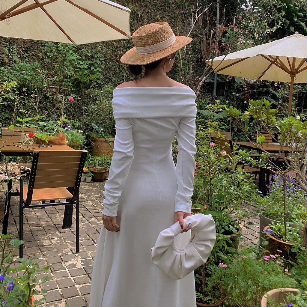 Đầm dự tiệc trễ vai màu trắng body tay dài, đầm lệch vai sexy hàng thiết kế chính hãng Kim Hoàng - (Mẫu Lệch Vai) | BigBuy360 - bigbuy360.vn