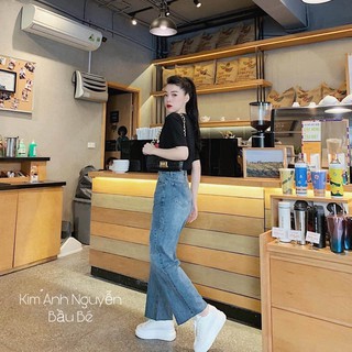 Quần Bò Jeans suông ống rộng, Quần suông rách nhẹ bên hông cực hot cạp cao 1 màu