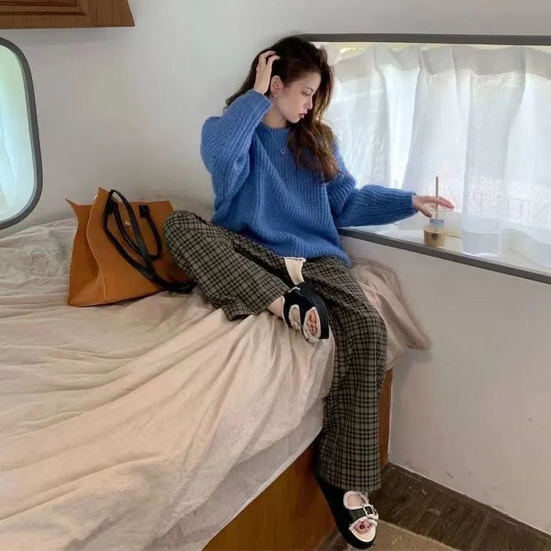 Quần Dài Ống Rộng Họa Tiết Sọc Caro Thời Trang Phong Cách Hàn Quốc Cho Nữ