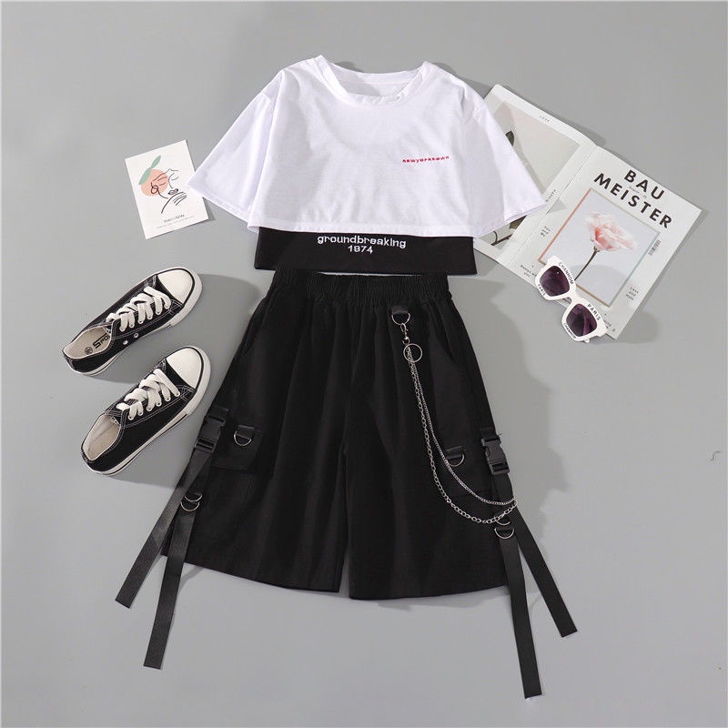 Set Áo Thun Ngắn Tay Và Quần Yếm Phong Cách Hip Hop Thời Trang Cho Nữ