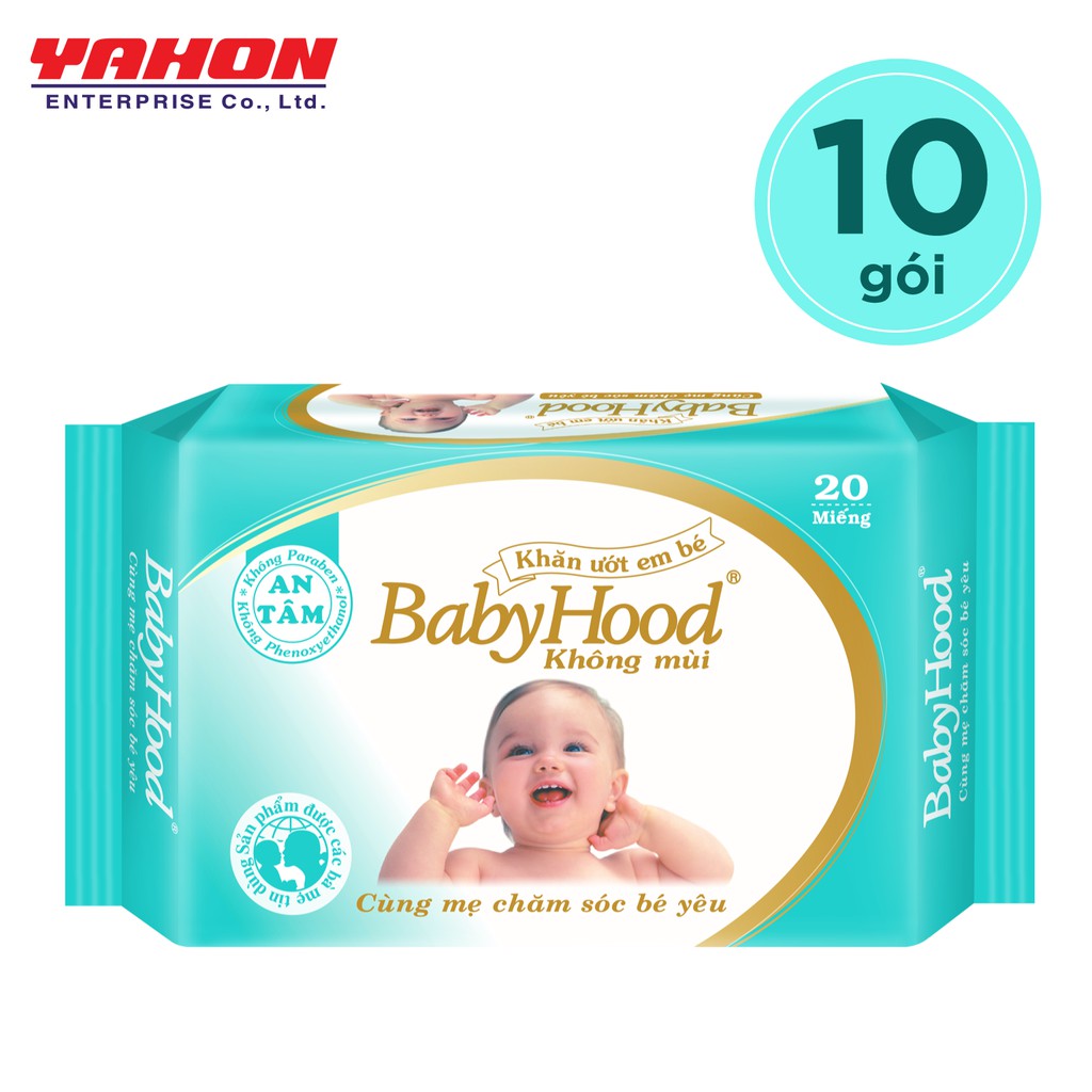 Combo 10 Gói Khăn Ướt Em Bé BabyHood Không Mùi (20 Tờ x 10)