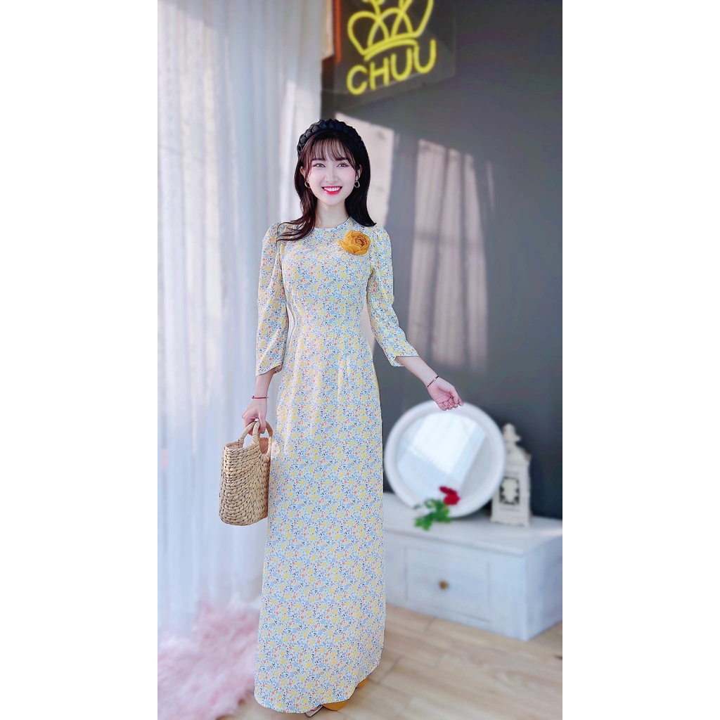 Áo dài nữ cách tân hoa nhí tay phồng không kèm quần CHUU AD8041