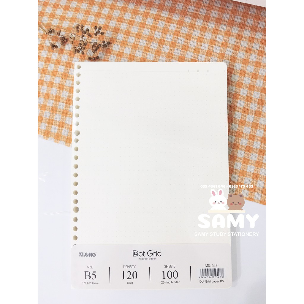 200 TRANG (100 TỜ) GIẤY REFILL SIZE B5 CARO VÀ CHẤM DOT GRID KLONG 26 LỖ CHO SỔ CÒNG BINDER B5 26 LỖ