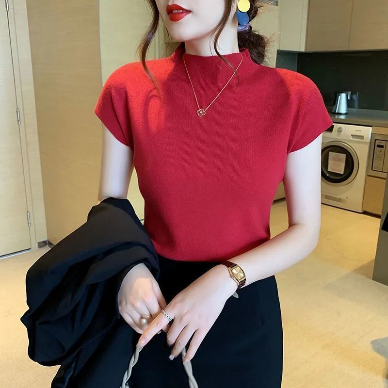 Áo Thun Dệt Kim Tay Ngắn Cổ Lọ Màu Trơn Dáng Ôm Thời Trang Mới Cho Nữ