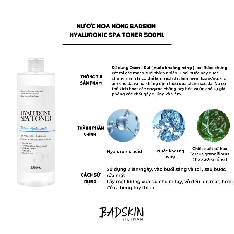 Nước hoa hồng BADSKIN Hyaluronic Spa Toner 500ml