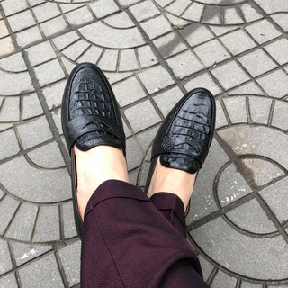 Giày lười in cá sấu băng đục - giầy lười nam da bò 100% dập vân cá sấu, đế cao su - mã k11 đen