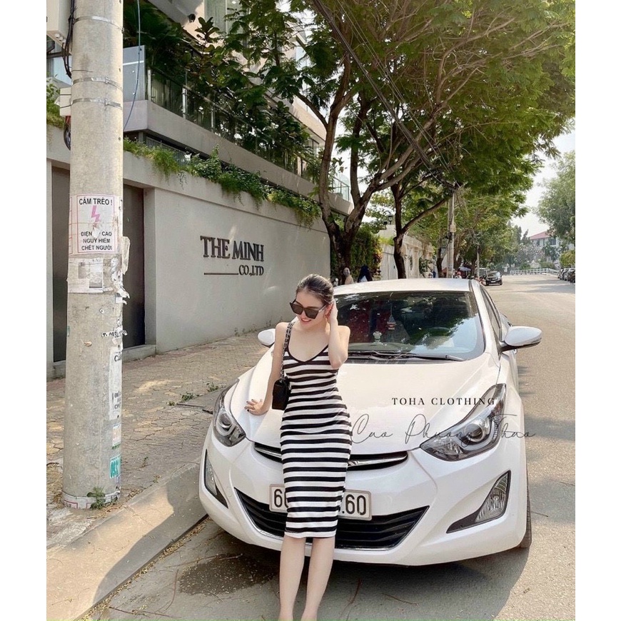 Đầm body nữ, đầm nữ body 2 dây sọc ngang tôn dáng