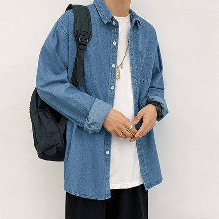 Áo sơ mi jean nam form rộng dài tay phong cách Hàn Quốc 2021 PON.MENS