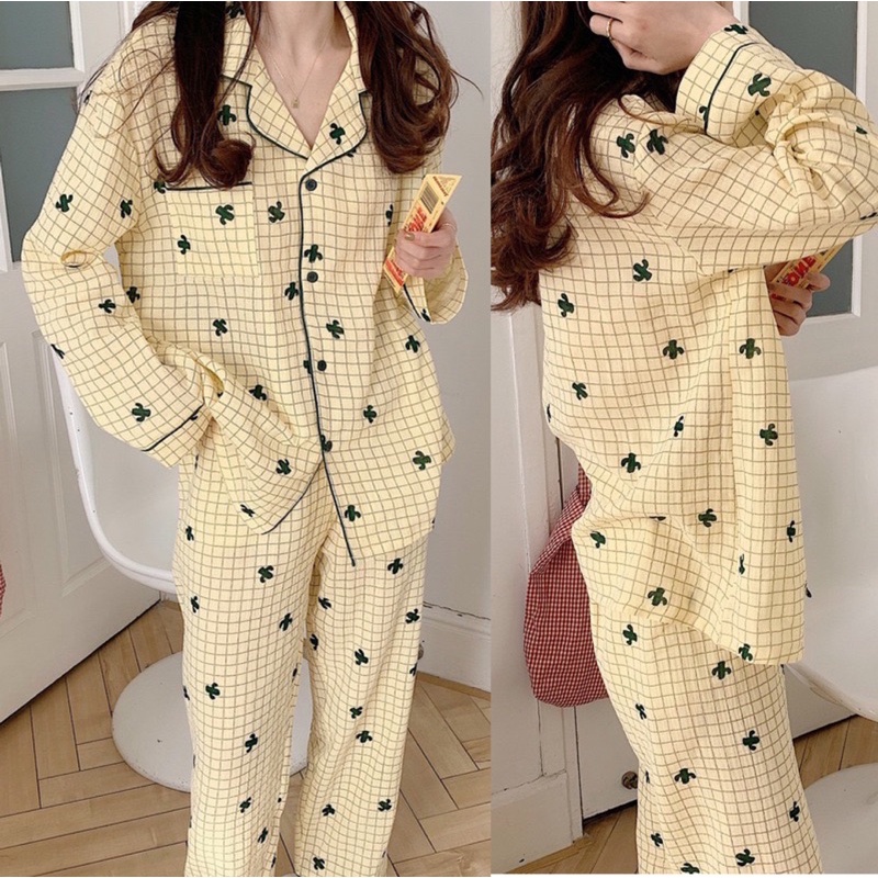 Bộ Đồ Ngủ Pijama Dáng Dài Thu Đông Kẻ Vàng Nữ Dáng Rộng Mặc Nhà