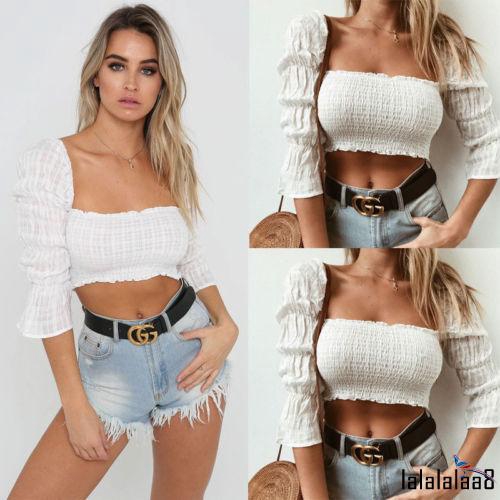 Áo croptop nhún bèo tay loe thời trang | BigBuy360 - bigbuy360.vn