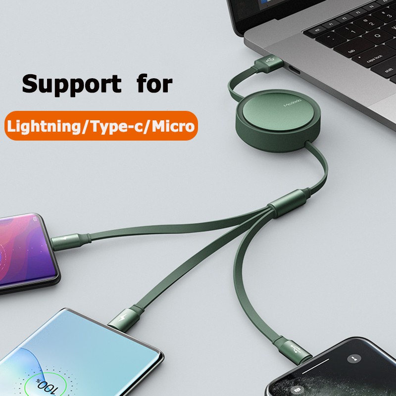 Cáp Sạc Đa Năng MCDODO Dây Rút 3 Đầu Cho Iphone Type C Micro USB