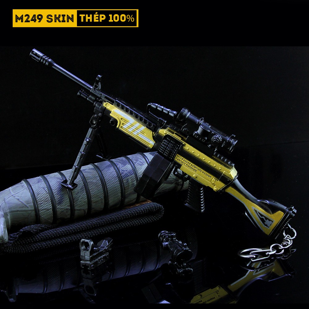 Mô Hình PUBG M249 Skin Black Gold Tặng Kèm 3 Scope Và Kệ Trưng Bày 19cm