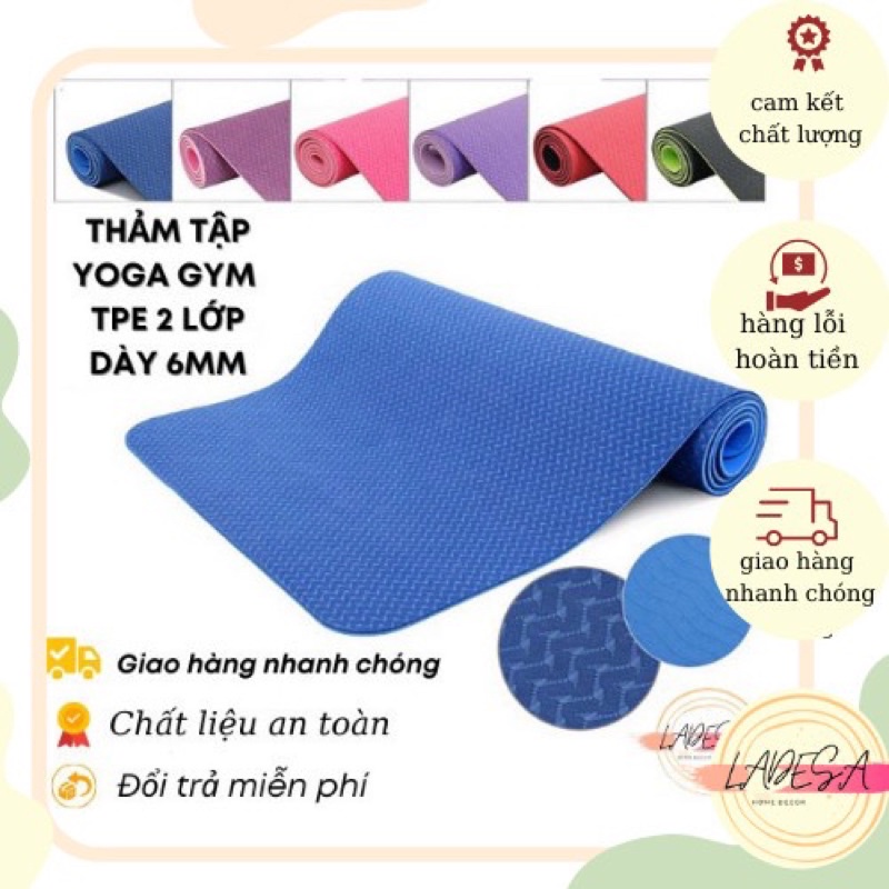 Thảm tập yoga gym TPE 2 lớp cao cấp dày 6mm bám sàn chống trượt