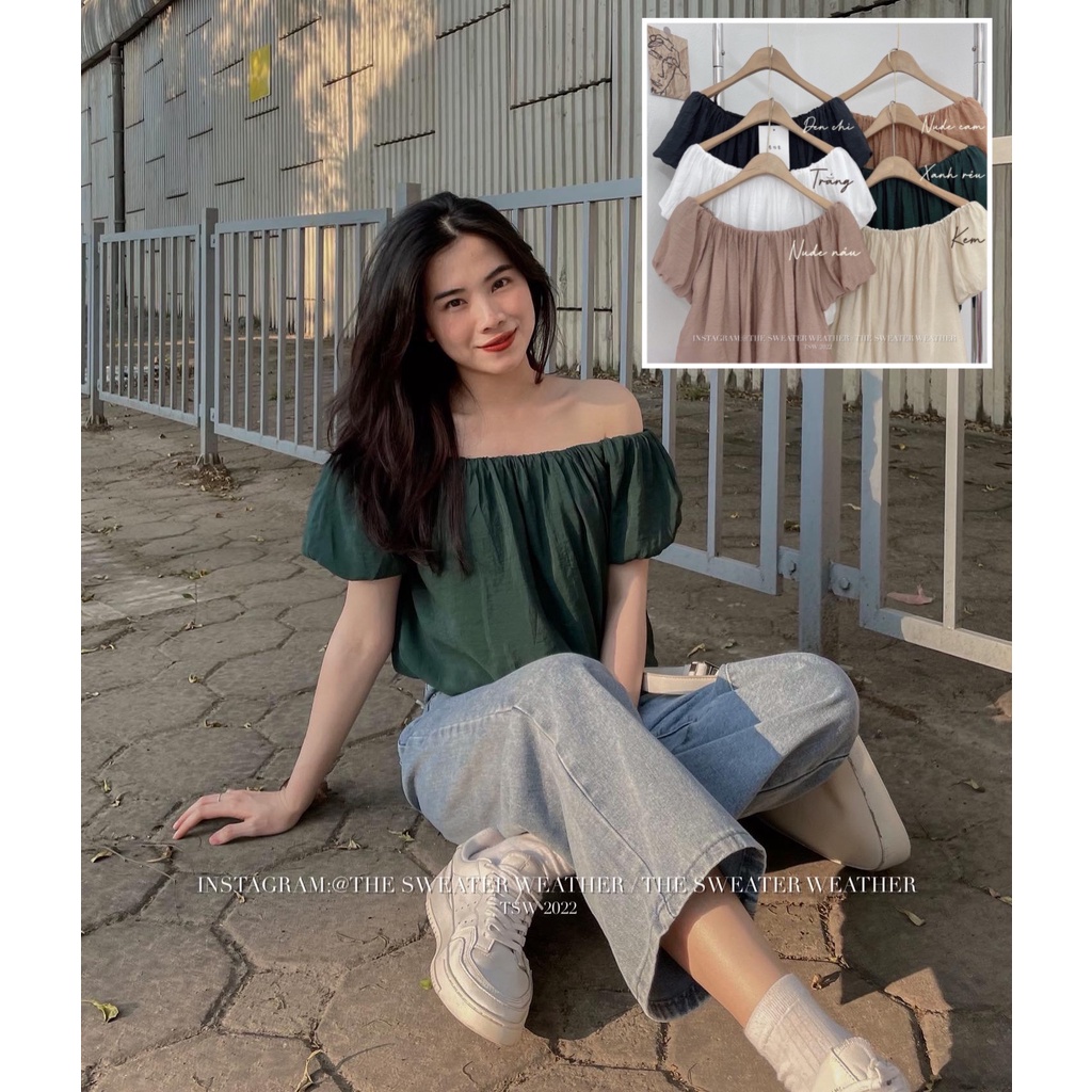 (Ảnh thật) Áo trễ vai voan tơ 2 lớp dáng lửng bo chun the.sweaterweather TSW