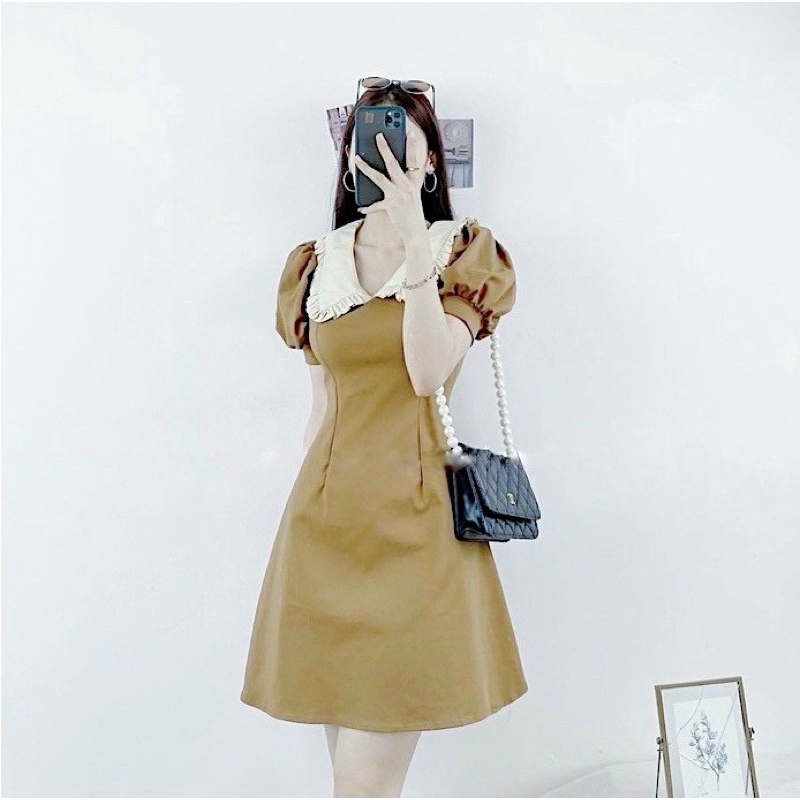 Đầm váy kem phối cổ bèo trắng