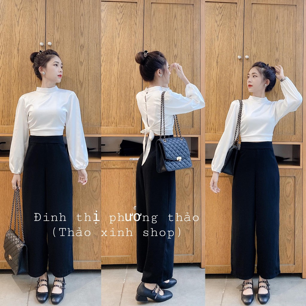 Quần suông đen khóa sườn, áo crotop nơ lưng tôn dáng dễ phối đồ phong cách thảo xinh shop kèm ảnh thật