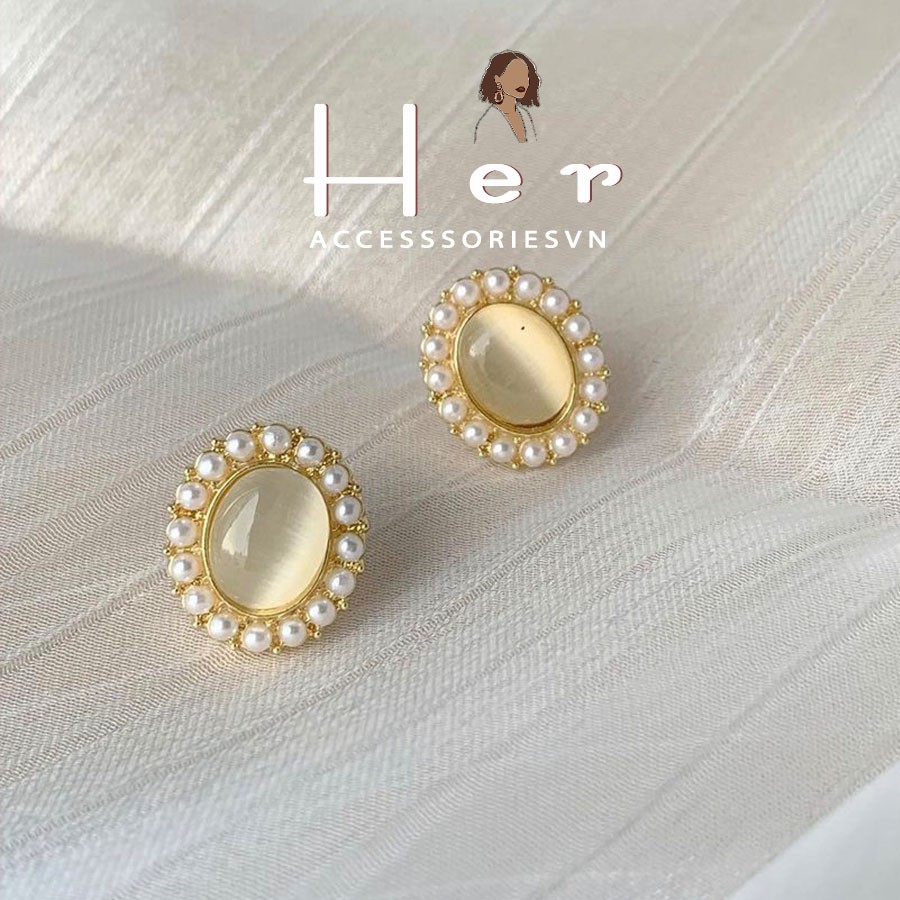 Khuyên Tai Nữ Đá nhân tạo hình tròn phong cách cổ điển, Vintage Her Accessories | H10