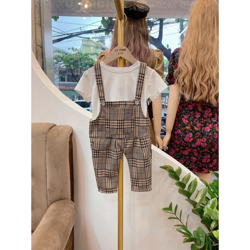 Quần yếm cho bé , Set yếm bé trai bé gái Quần yếm bò thô kẻ nâu đen phối áo thun trắng Quảng Châu