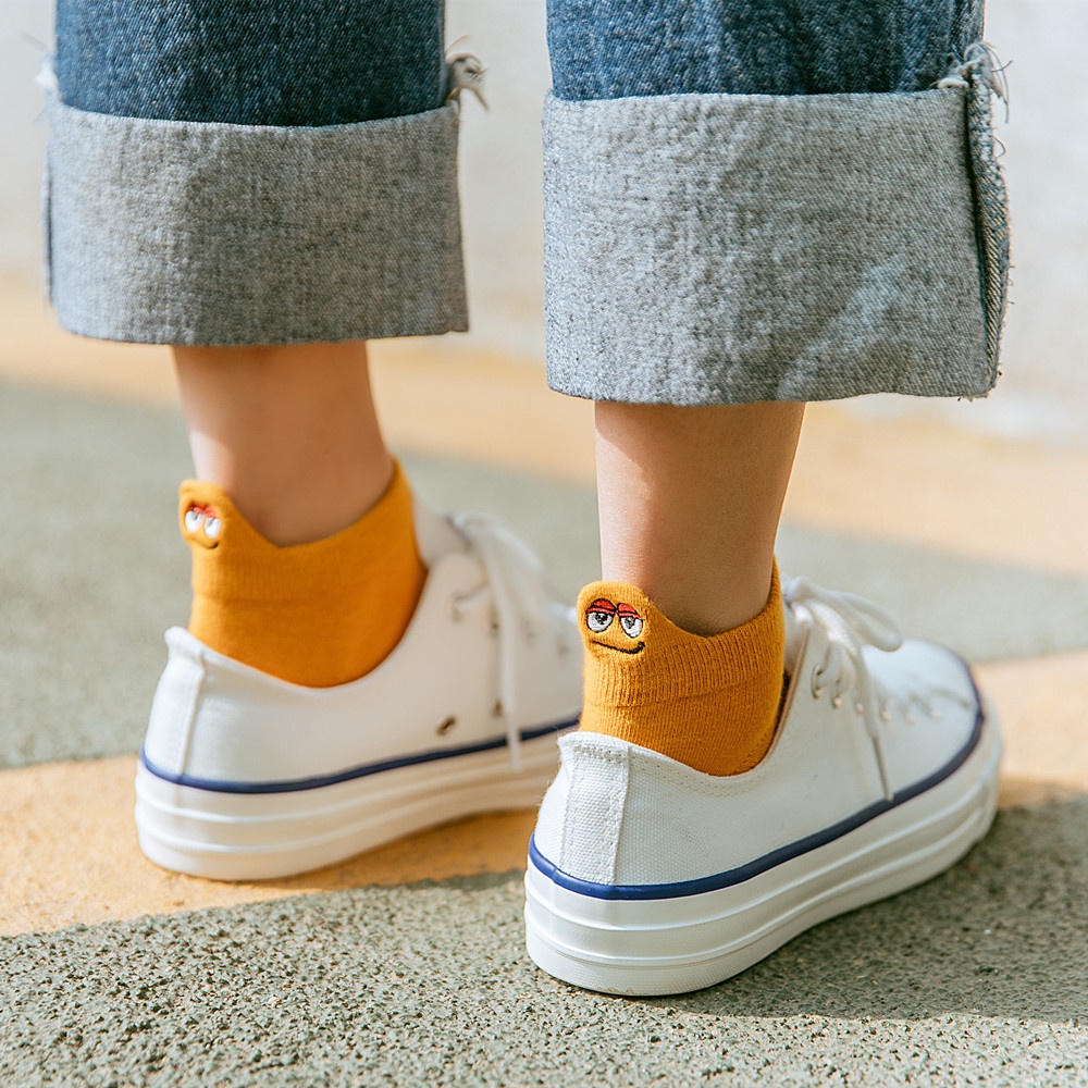 Vớ WAFNHA D259 cotton cổ thấp thêu họa tiết biểu tượng cảm xúc hoạt hình đáng yêu cho nữ