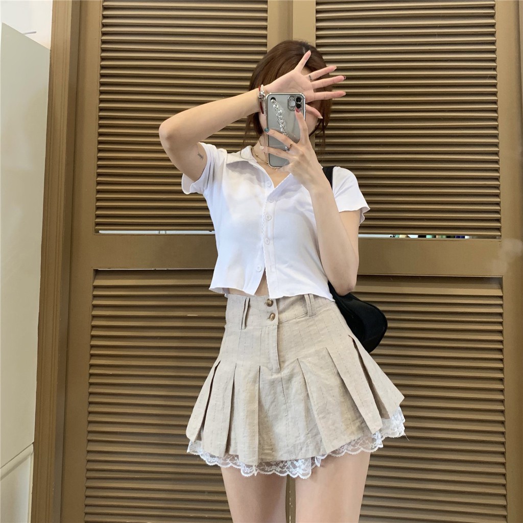 Áo Sơ Mi Polo Ngắn Tay / Chân Váy Chữ A Xếp Ly Thời Trang Hàn Quốc Cho Nữ Xiaozhainv
