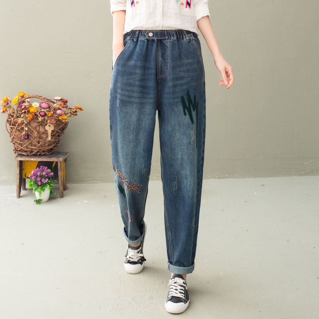 Quần jean nữ ống rộng dài lưng thun thêu bigsize AKira Store Thời trang phong cách Nhật Bản