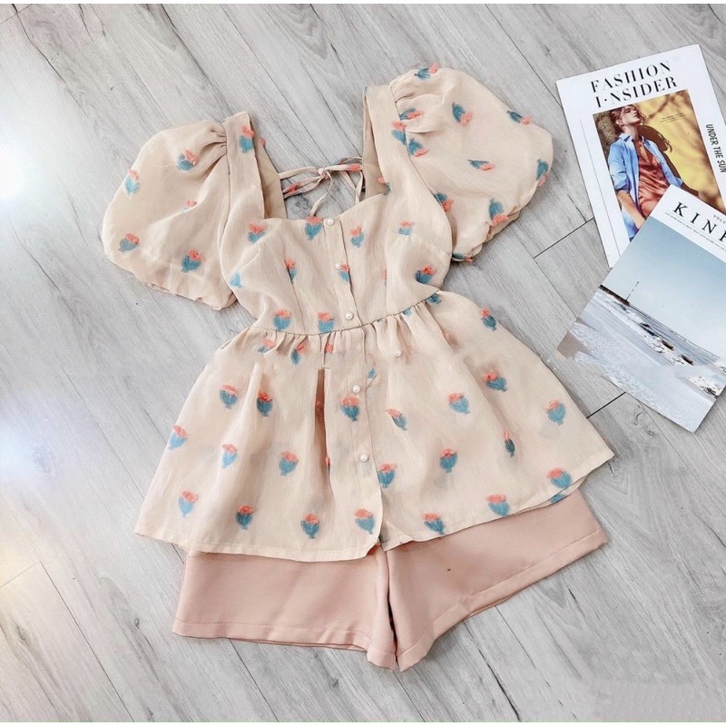 Set áo babydoll hoa nổi tay phồng buộc nơ + quần short lưng thun 5 màu trắng / hồng / nâu / tím / nude